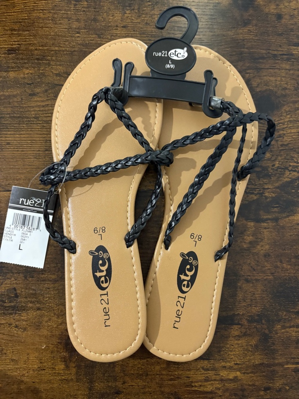 Rue21 Black Braided Strap Tan Footbed Women’s Sandals